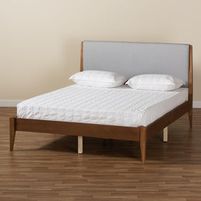 Baxton Studio Lenora Mid-Century Modern Grey Fabric Upholstered And Walnut Brown Finished Wood King Size Platform Bed - MG0077S-Light Grey/Walnut-King
