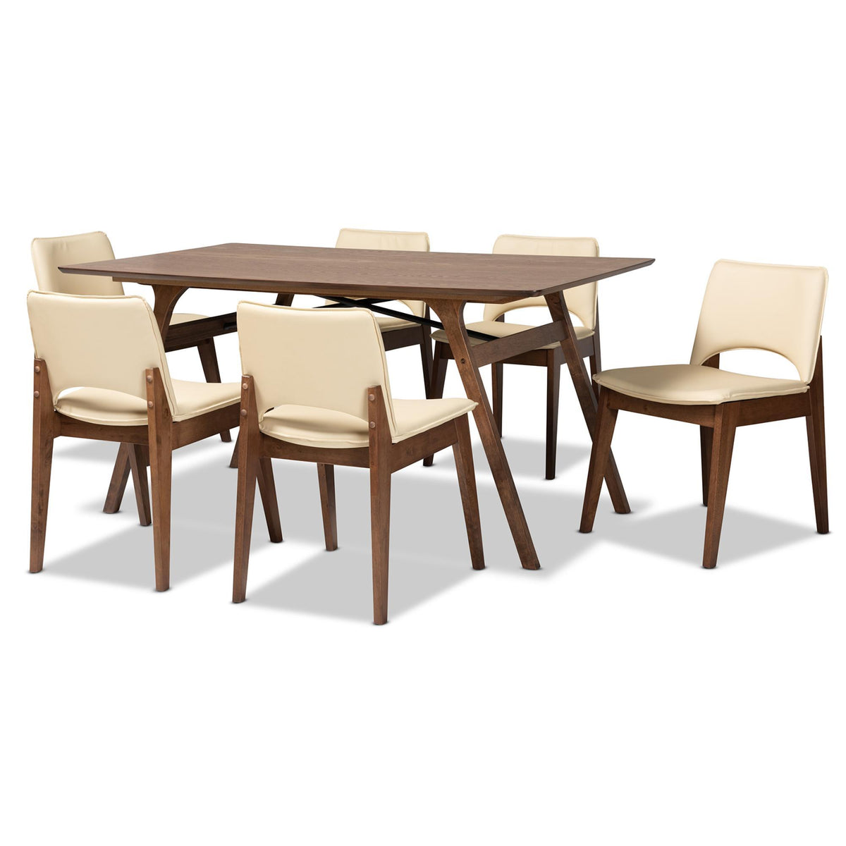 Baxton Studio Afton Mid-Century Modern Beige Faux Leather Upholstered And Walnut Brown Finished Wood 7-Piece Dining Set - RDC827-Beige/Walnut-7PC Dining Set