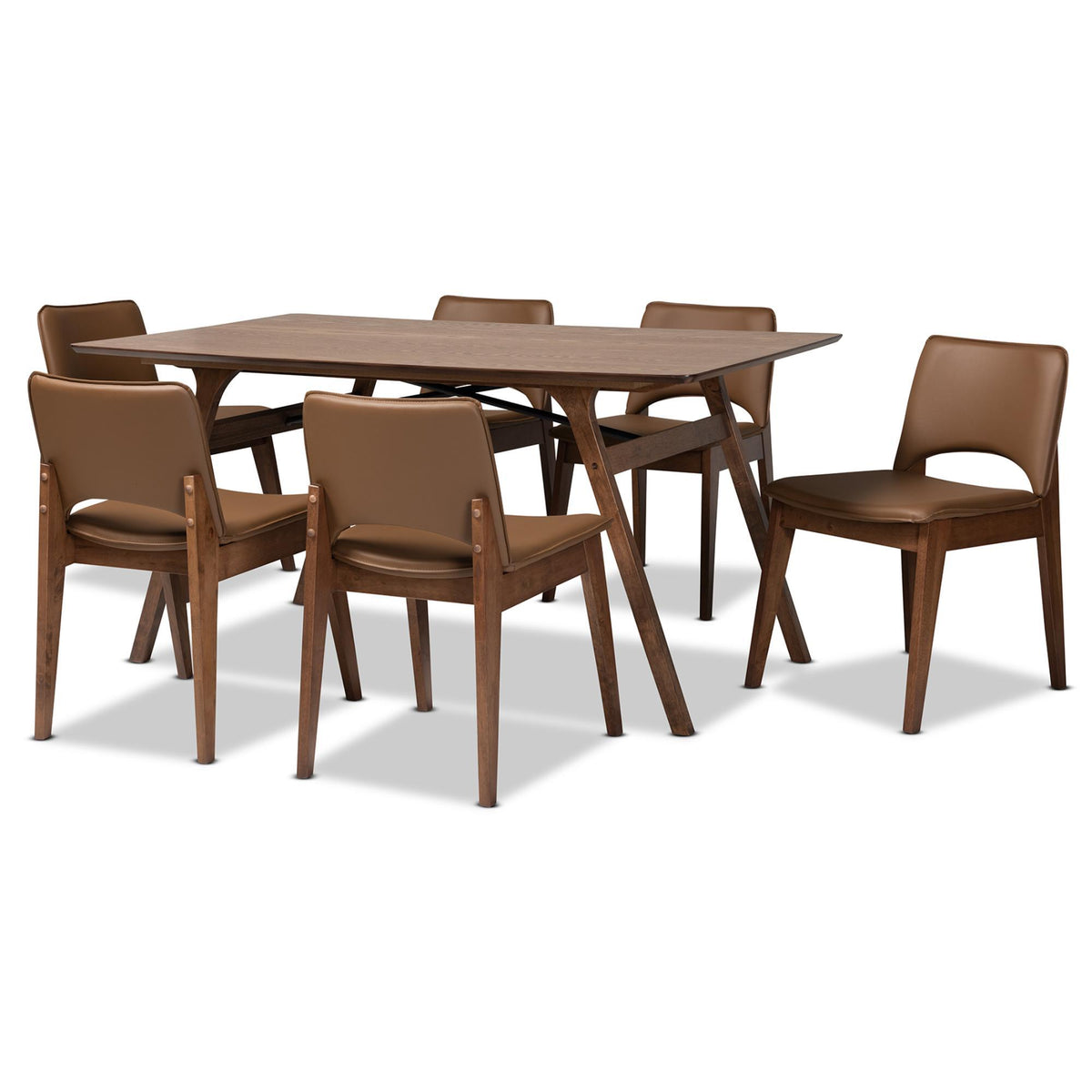 Baxton Studio Afton Mid-Century Modern Brown Faux Leather Upholstered And Walnut Brown Finished Wood 7-Piece Dining Set - RDC827-Brown/Walnut-7PC Dining Set