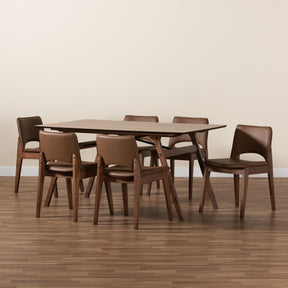 Baxton Studio Afton Mid-Century Modern Brown Faux Leather Upholstered And Walnut Brown Finished Wood 7-Piece Dining Set - RDC827-Brown/Walnut-7PC Dining Set