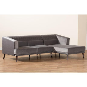 Baxton Studio Morton Mid-Century Modern Contemporary Grey Velvet Fabric Upholstered And Dark Brown Finished Wood Sectional Sofa With Right Facing Chaise - RDS-S0017-L-Grey Velvet/Wenge-RFC