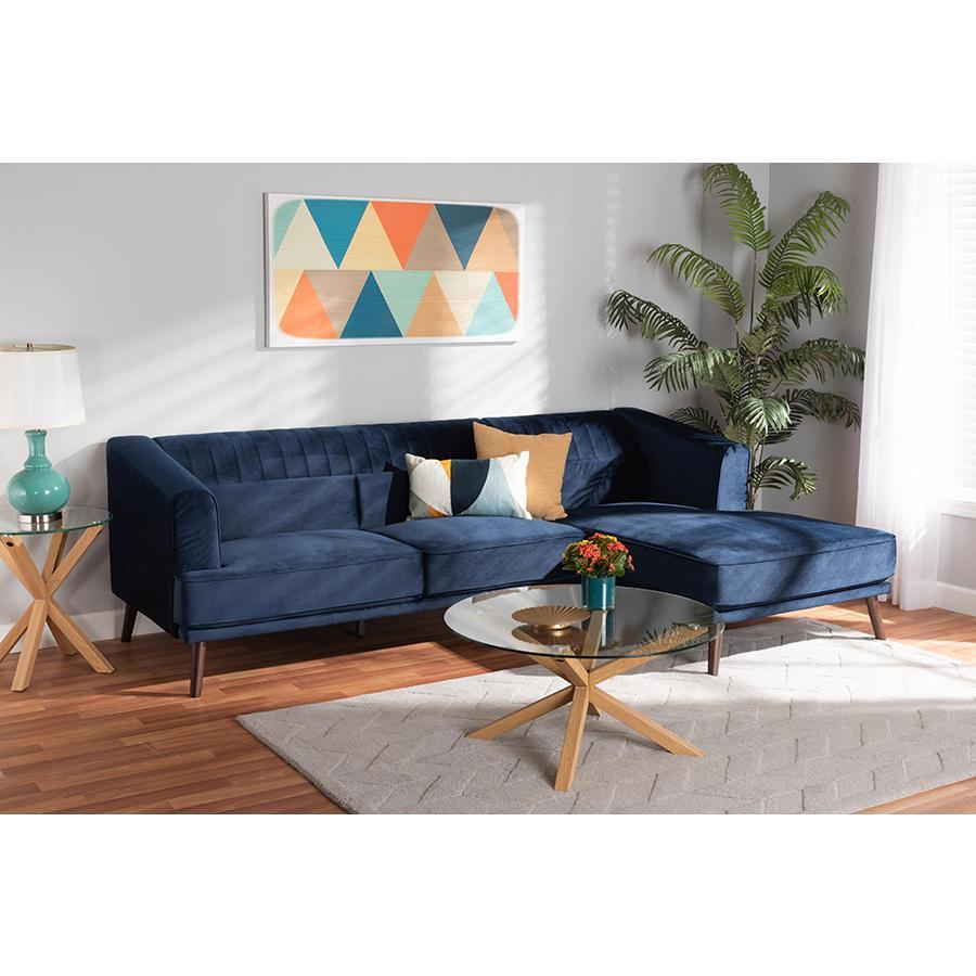 Baxton Studio Morton Mid-Century Modern Contemporary Navy Blue Velvet Fabric Upholstered And Dark Brown Finished Wood Sectional Sofa With Right Facing Chaise - RDS-S0017-L-Navy Blue Velvet/Wenge-RFC