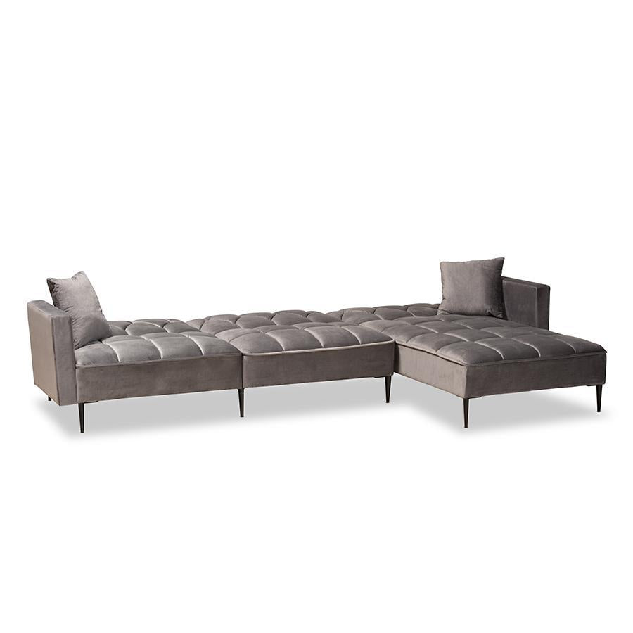 Baxton Studio Galena Contemporary Glam And Luxe Grey Velvet Fabric Upholstered And Black Finished Metal Sleeper Sectional Sofa With Right Facing Chaise - RDS-S0019L-Grey Velvet/Black-RFC