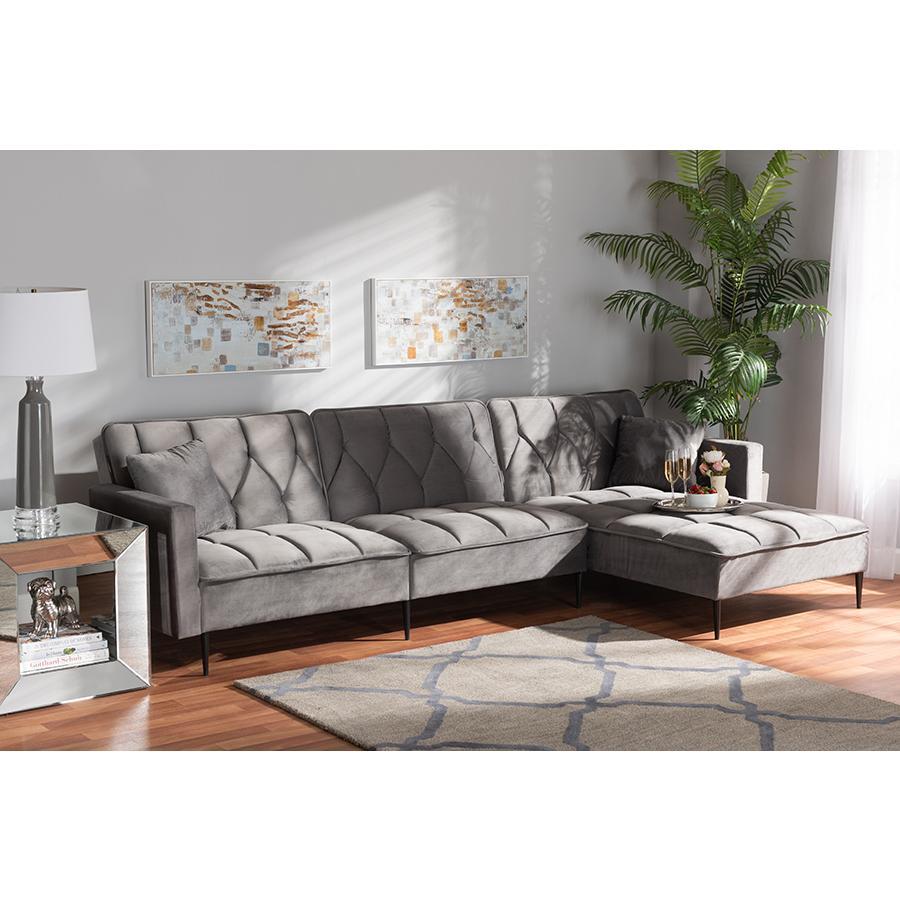 Baxton Studio Galena Contemporary Glam And Luxe Grey Velvet Fabric Upholstered And Black Finished Metal Sleeper Sectional Sofa With Right Facing Chaise - RDS-S0019L-Grey Velvet/Black-RFC