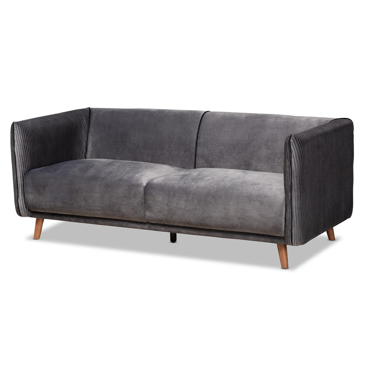 Baxton Studio Beacher Modern And Contemporary Grey Velvet Fabric Upholstered And Walnut Brown Finished Wood Sofa - RDS-S0020-3S-Grey Velvet/Walnut-SF