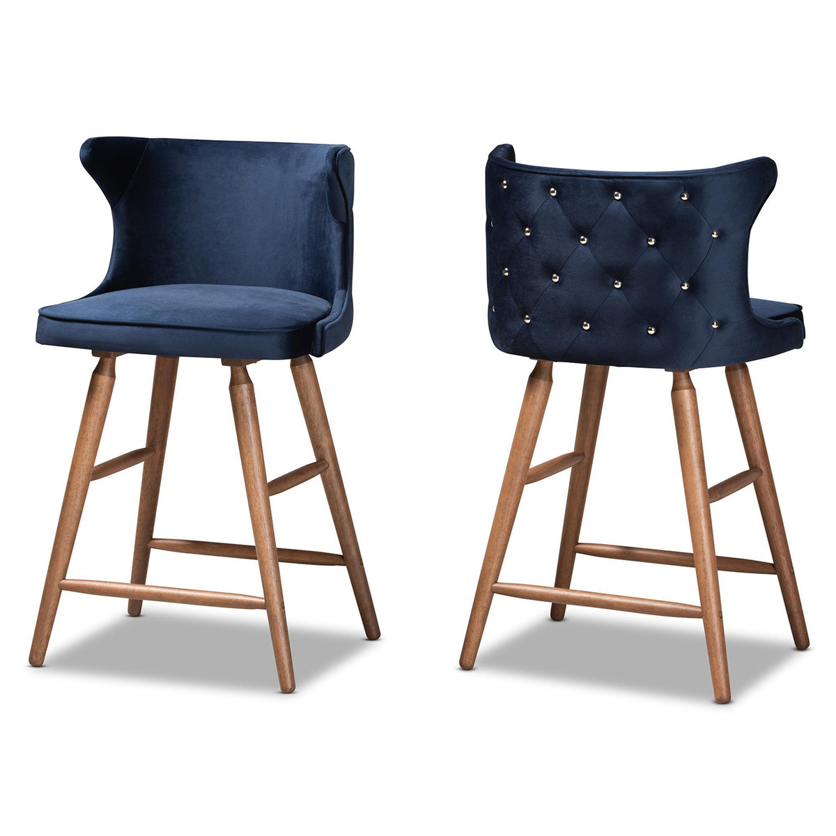 Baxton Studio Sagira Modern And Contemporary Transitional Navy Blue Velvet Fabric Upholstered And Walnut Brown Finished Wood 2-Piece Counter Stool Set - RDC817-AC-Navy Blue Velvet/Walnut-CS-2PC Set
