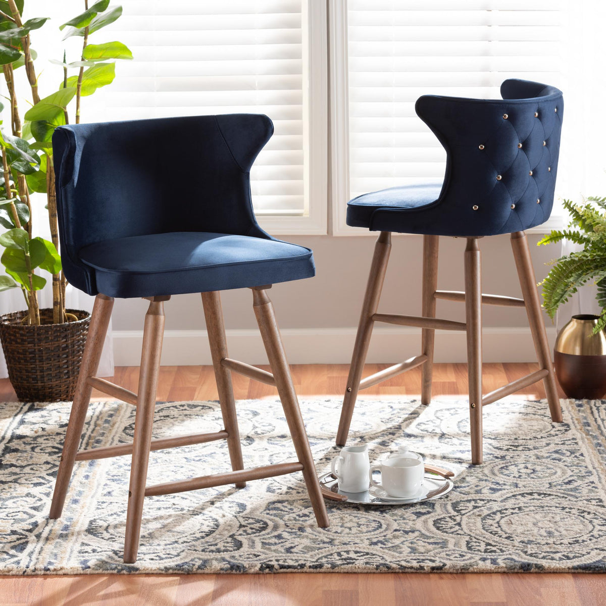 Baxton Studio Sagira Modern And Contemporary Transitional Navy Blue Velvet Fabric Upholstered And Walnut Brown Finished Wood 2-Piece Counter Stool Set - RDC817-AC-Navy Blue Velvet/Walnut-CS-2PC Set