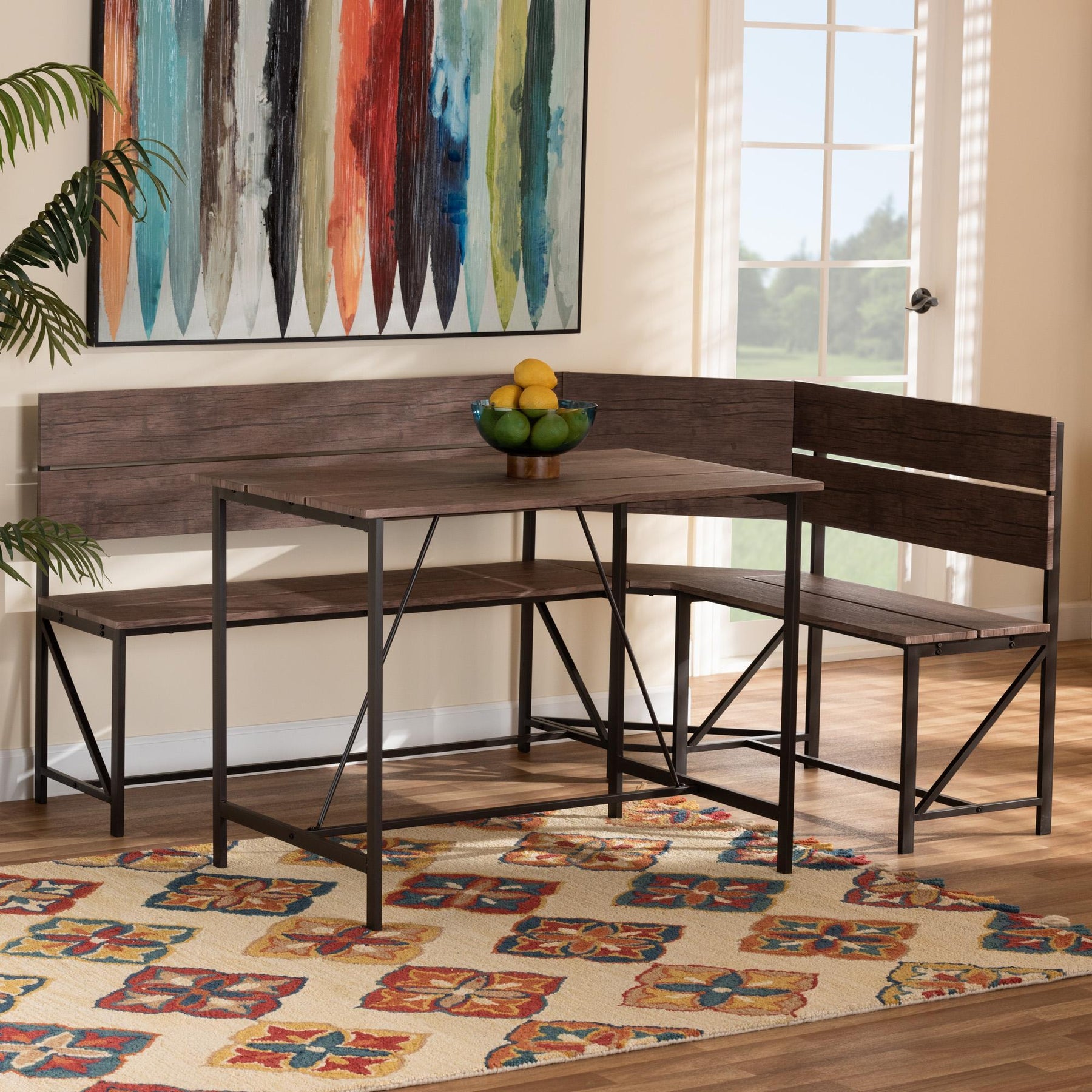 Baxton Studio Marston Modern Industrial Brown Finished Wood And Black Finished Metal 2-Piece Dining Nook Set - LY-N0930-Dining Nook Set