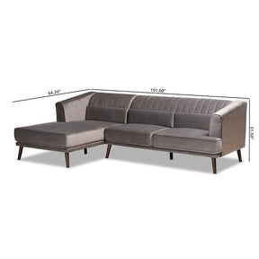 Baxton Studio Morton Mid-Century Modern Contemporary Grey Velvet Fabric Upholstered And Dark Brown Finished Wood Sectional Sofa With Left Facing Chaise - RDS-S0017-L-Grey Velvet/Wenge-LFC