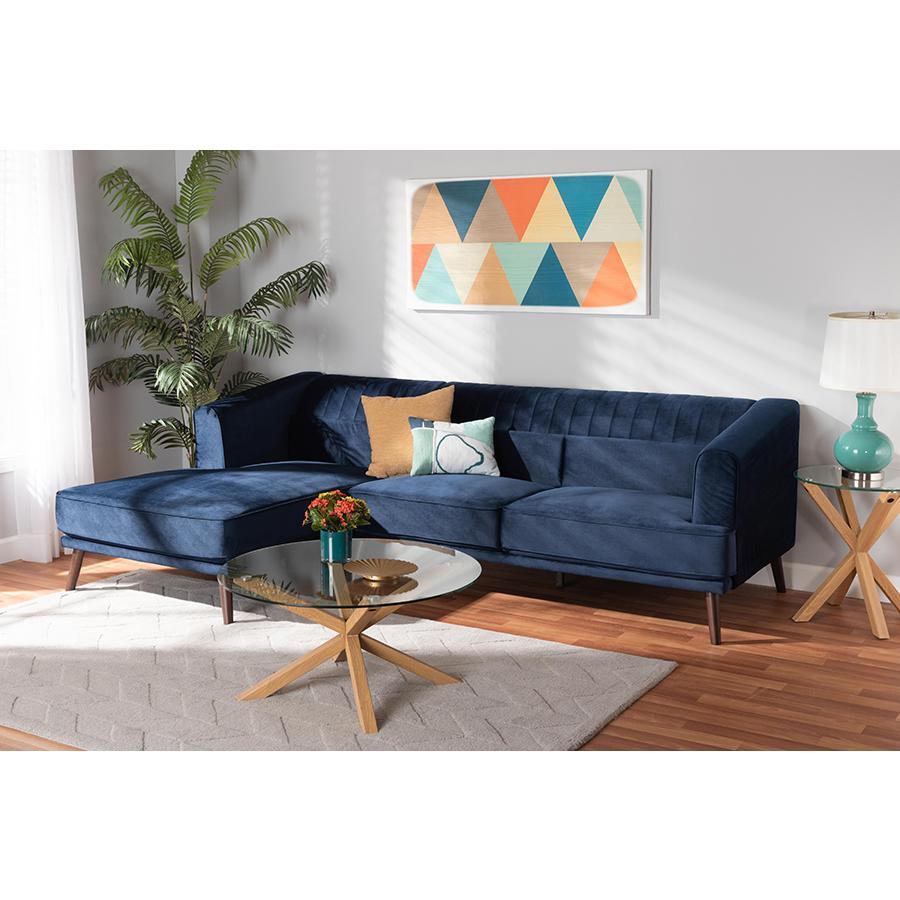 Baxton Studio Morton Mid-Century Modern Contemporary Navy Blue Velvet Fabric Upholstered And Dark Brown Finished Wood Sectional Sofa With Left Facing Chaise - RDS-S0017-L-Navy Blue Velvet/Wenge-LFC