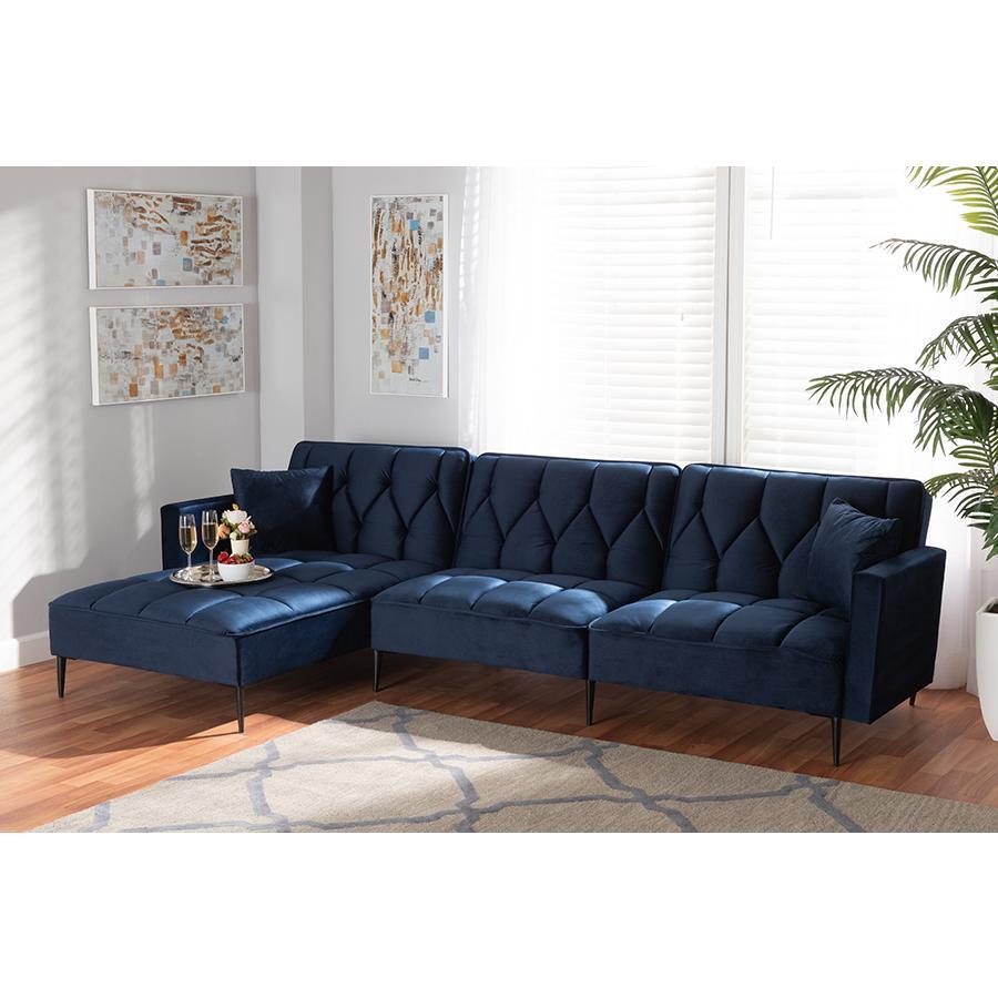 Baxton Studio Galena Contemporary Glam And Luxe Navy Blue Velvet Fabric Upholstered And Black Metal Sectional Sofa With Left Facing Chaise - RDS-S0019L-Navy Blue Velvet/Black-LFC