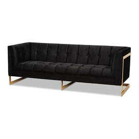 Baxton Studio Ambra Glam And Luxe Black Velvet Upholstered And Button Tufted Sofa With Gold-Tone Frame - TSF-5507-Black/Gold-SF