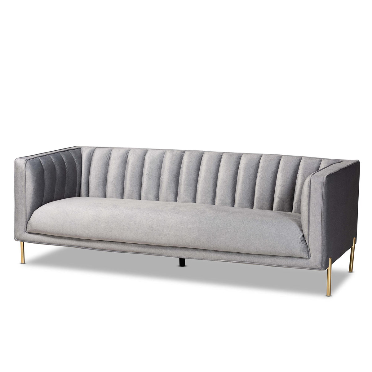 Baxton Studio Maia Contemporary Glam And Luxe Grey Velvet Fabric Upholstered And Gold Finished Metal Sofa - 5016D-Grey Velvet-Sofa