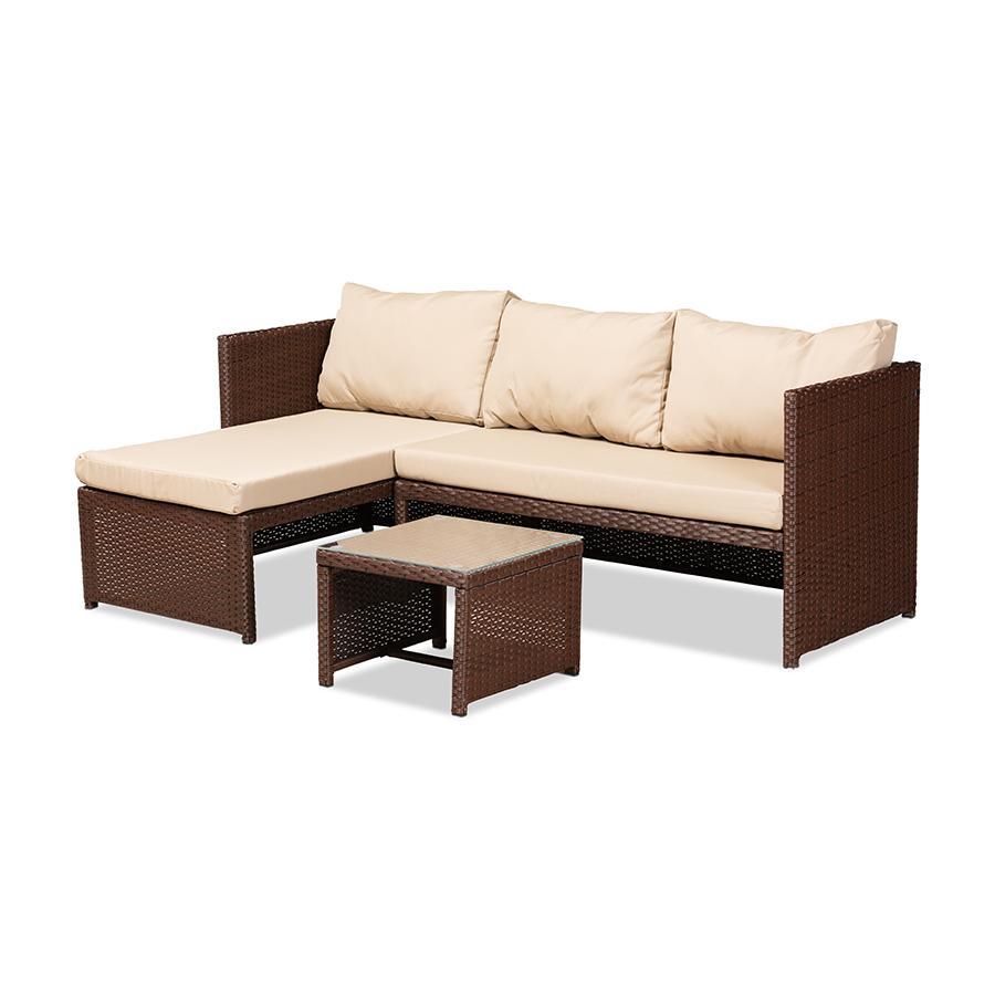 Baxton Studio Carlton Modern And Contemporary Sand Fabric Upholstered And Brown Finished Woven Pe Rattan 3-Piece Outdoor Patio Lounge Set - MLM-210538-Sand