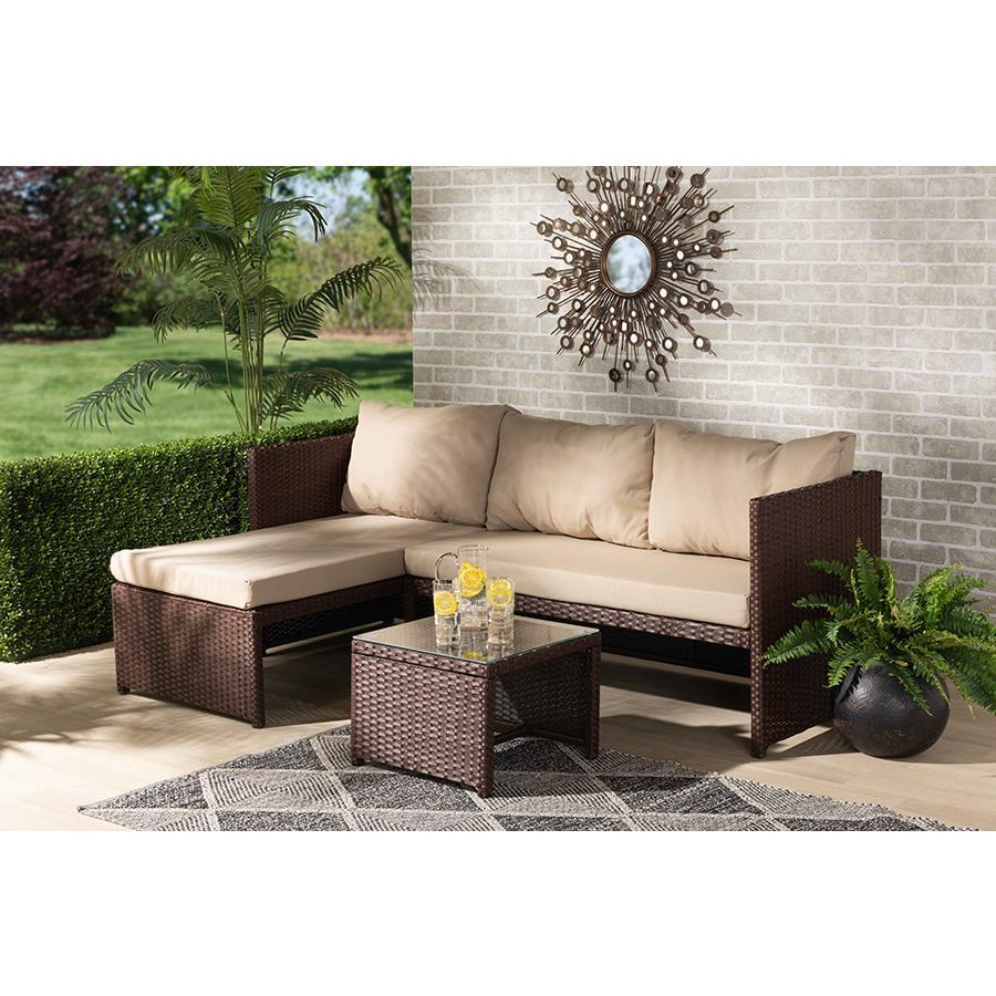 Baxton Studio Carlton Modern And Contemporary Sand Fabric Upholstered And Brown Finished Woven Pe Rattan 3-Piece Outdoor Patio Lounge Set - MLM-210538-Sand