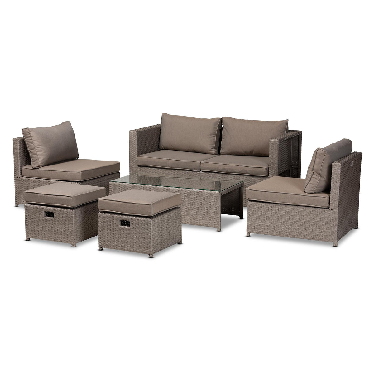 Baxton Studio Haina Modern And Contemporary Grey Fabric Upholstered And Grey Finished Synthetic Rattan 6-Piece Patio Set - MLM-210592-Light Grey