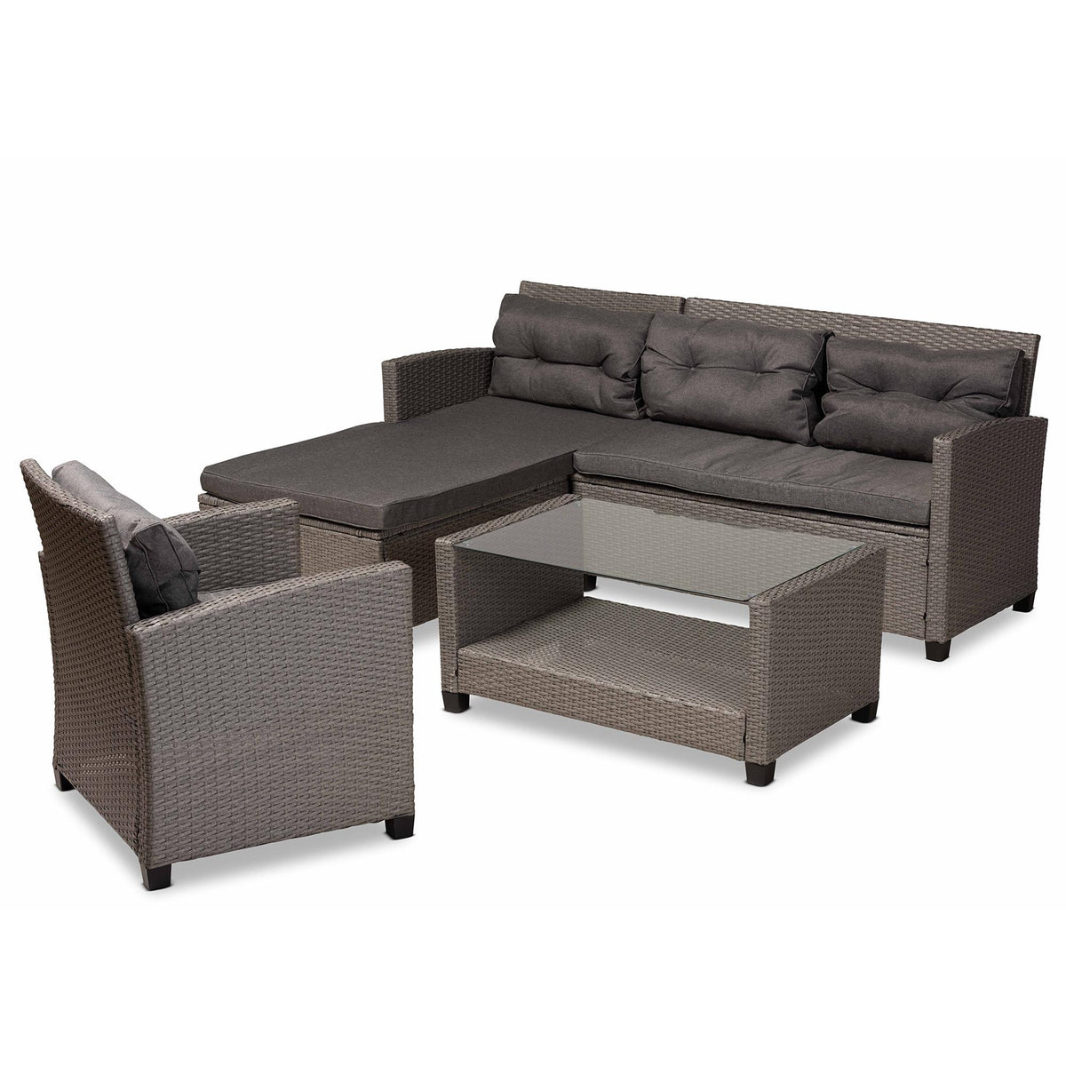 Baxton Studio Darian Modern And Contemporary Grey Fabric Upholstered And Grey Synthetic Rattan 4-Piece Patio Set - MLM-210606-Dark Grey