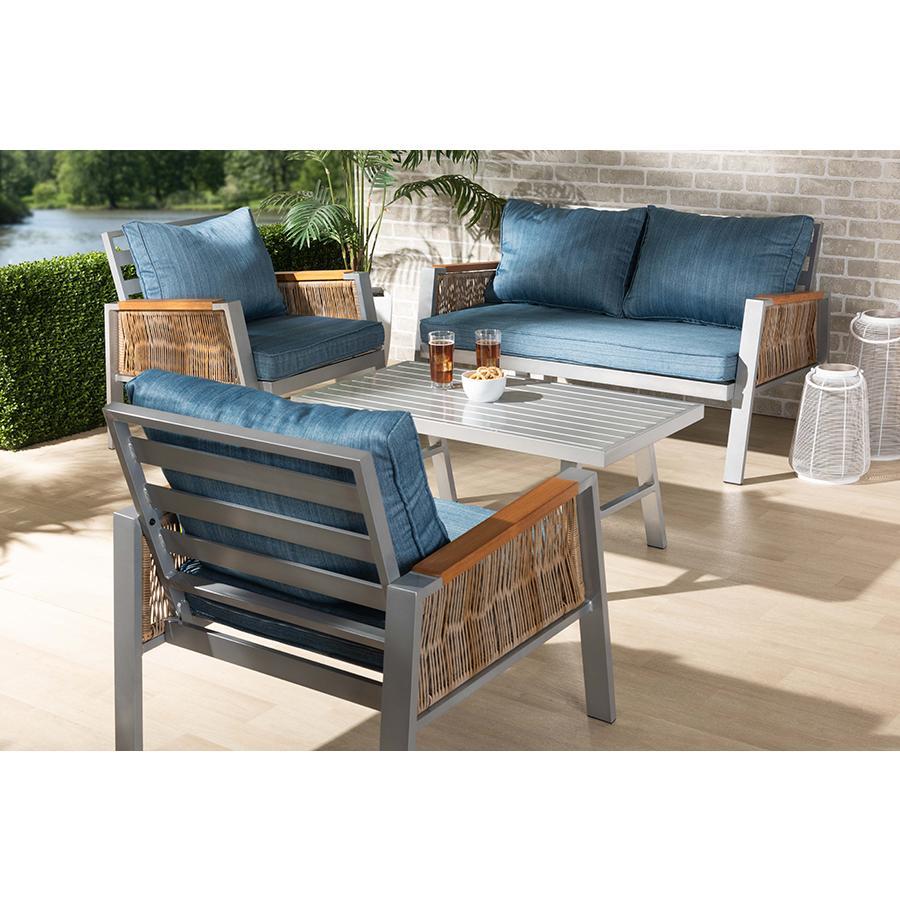 Baxton Studio Nicholson Modern And Contemporary Blue Fabric Upholstered And Grey Finished Metal With Brown Finished Pe Rattan 4-Piece Outdoor Patio Lounge Set - MLM-210477-Blue