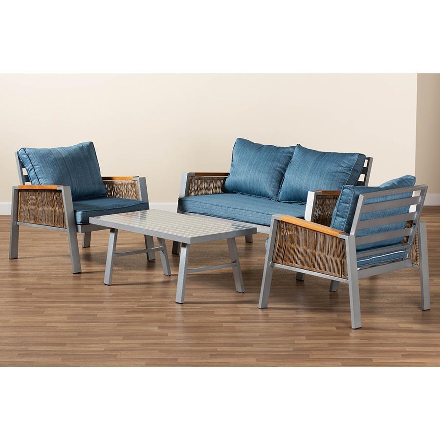 Baxton Studio Nicholson Modern And Contemporary Blue Fabric Upholstered And Grey Finished Metal With Brown Finished Pe Rattan 4-Piece Outdoor Patio Lounge Set - MLM-210477-Blue