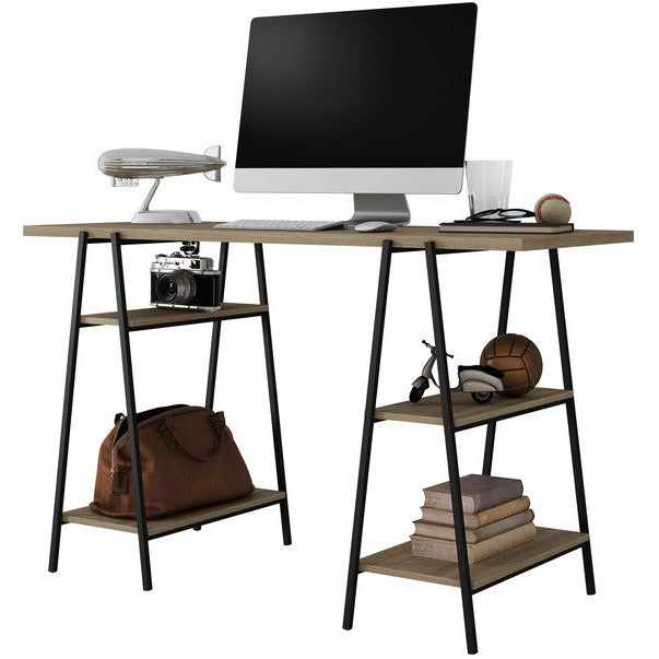 Manhattan Comfort  Ellis Home Office Desk with 4 Shelves in Dark Oak and Black