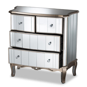 Baxton Studio Elgin Contemporary Glam And Luxe Brushed Silver Finished Wood And Mirrored Glass 4-Drawer Cabinet - JY13018-Silver-4DW-Cabinet