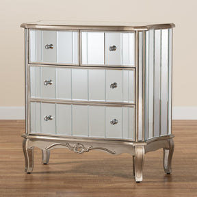 Baxton Studio Elgin Contemporary Glam And Luxe Brushed Silver Finished Wood And Mirrored Glass 4-Drawer Cabinet - JY13018-Silver-4DW-Cabinet