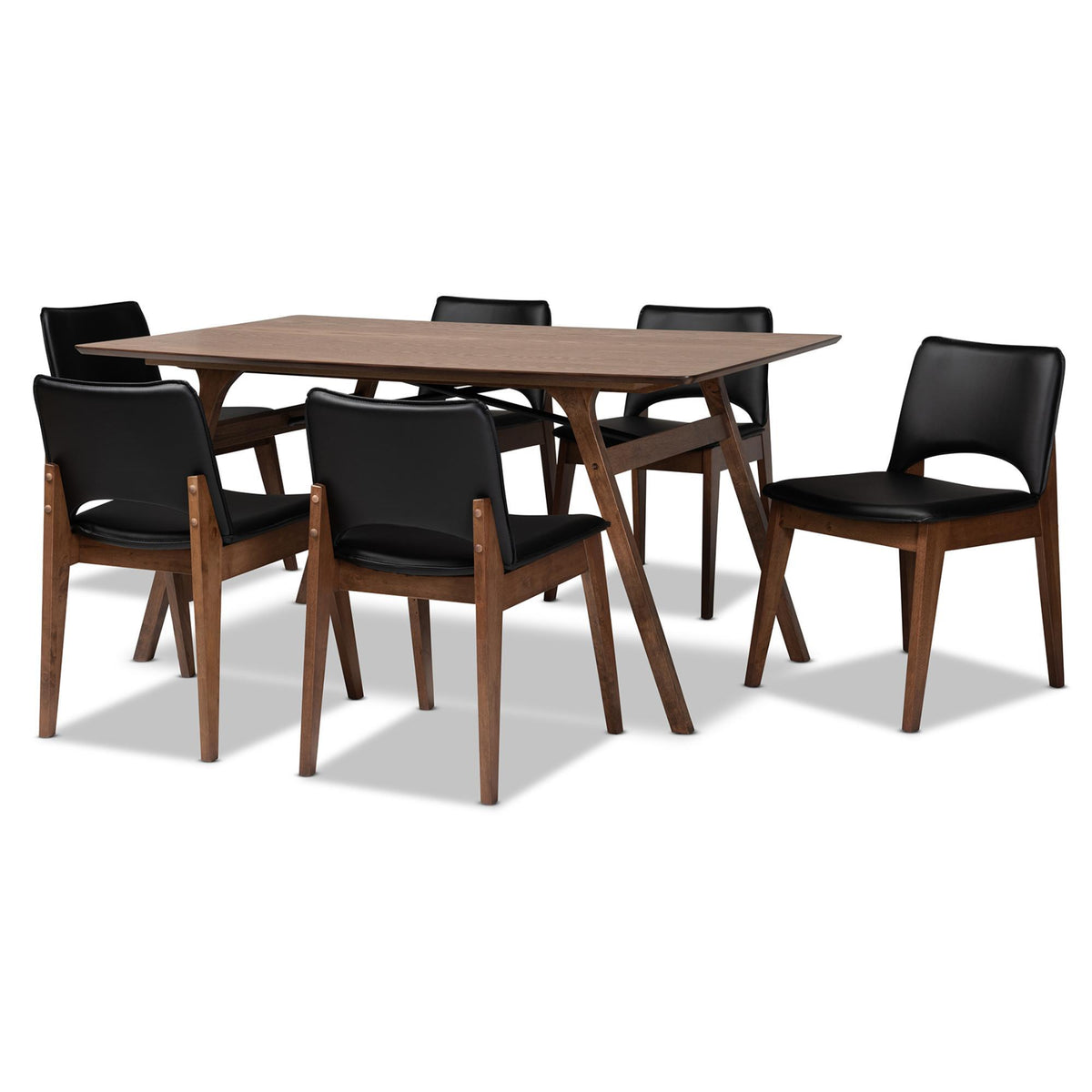Baxton Studio Afton Mid-Century Modern Black Faux Leather Upholstered And Walnut Brown Finished Wood 7-Piece Dining Set - RDC827-Black/Walnut-7PC Dining Set