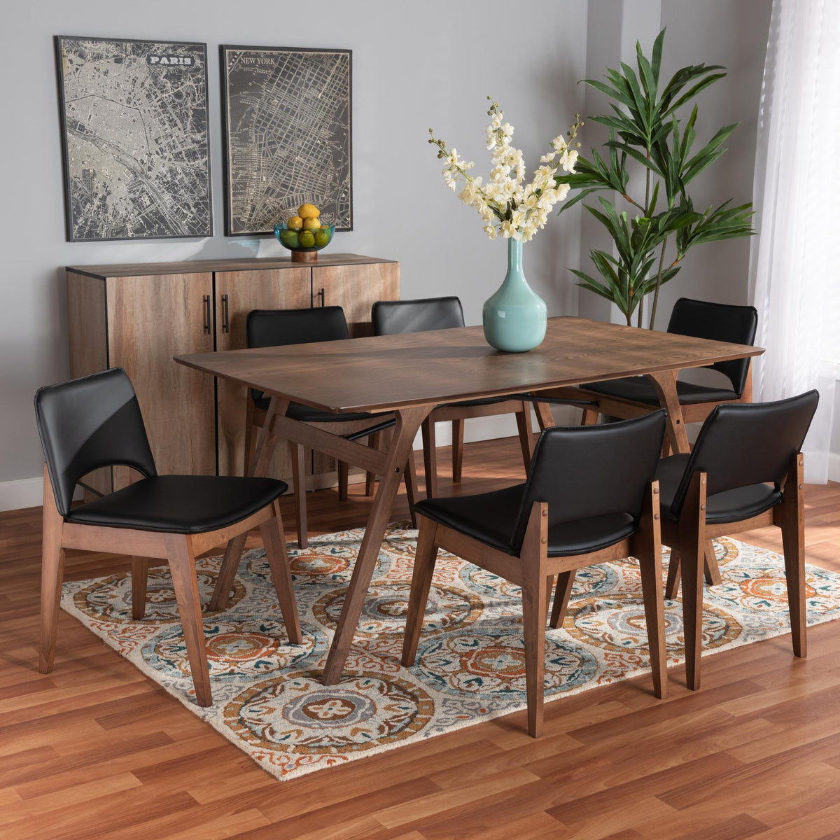 Baxton Studio Afton Mid-Century Modern Black Faux Leather Upholstered And Walnut Brown Finished Wood 7-Piece Dining Set - RDC827-Black/Walnut-7PC Dining Set