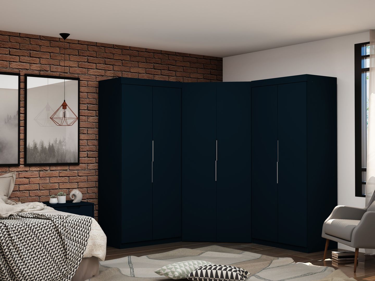 Manhattan Comfort Mulberry 3.0 Sectional Modern Wardrobe Corner Closet with 4 Drawers - Set of 3 in Tatiana Midnight Blue