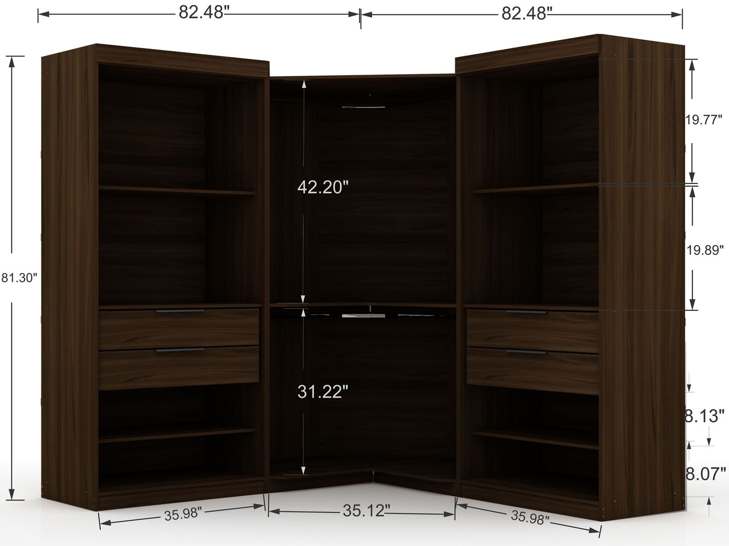 Manhattan Comfort Mulberry 3.0 Sectional Modern Wardrobe Corner Closet with 4 Drawers - Set of 3 in Brown