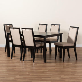 Baxton Studio Rosa Modern And Contemporary Sand Fabric Upholstered And Dark Brown Finished Wood 7-Piece Dining Set - Rosa-Sand/Dark Brown-7PC Dining Set
