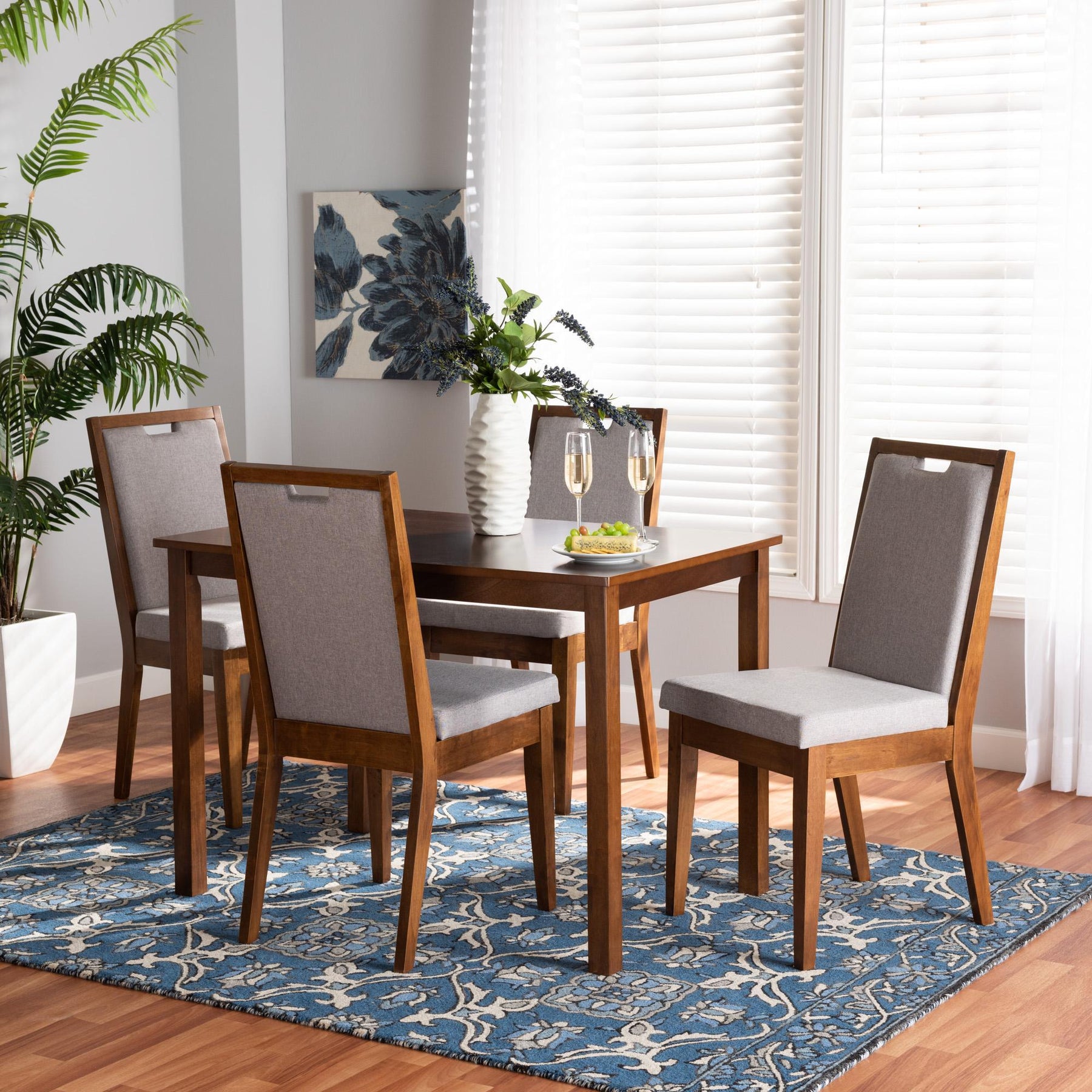 Baxton Studio Rosa Modern And Contemporary Grey Fabric Upholstered And Walnut Brown Finished Wood 5-Piece Dining Set - Rosa-Grey/Walnut-5PC Dining Set