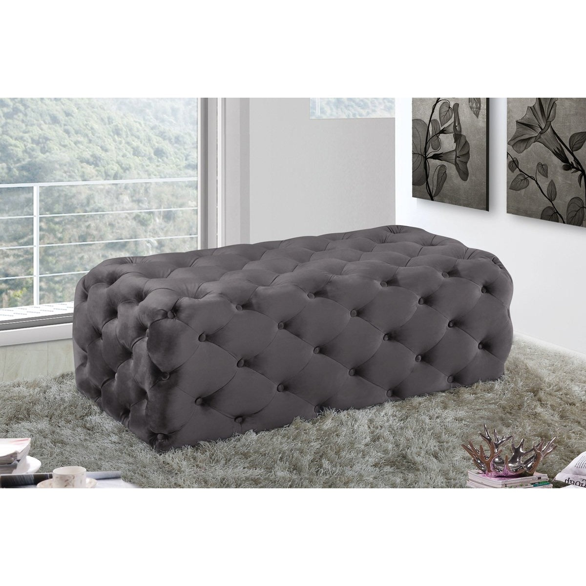 Meridian Furniture Casey Grey Velvet Ottoman/Bench-Minimal & Modern