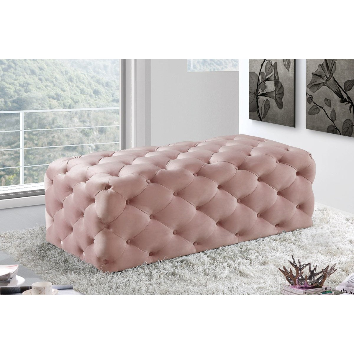 Meridian Furniture Casey Pink Velvet Ottoman/Bench-Minimal & Modern