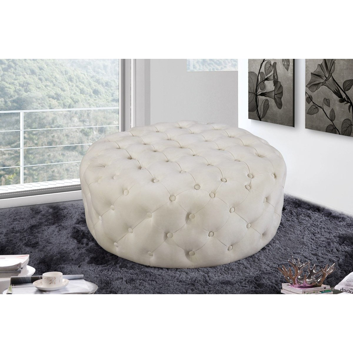 Meridian Furniture Addison Cream Velvet Ottoman/Bench-Minimal & Modern