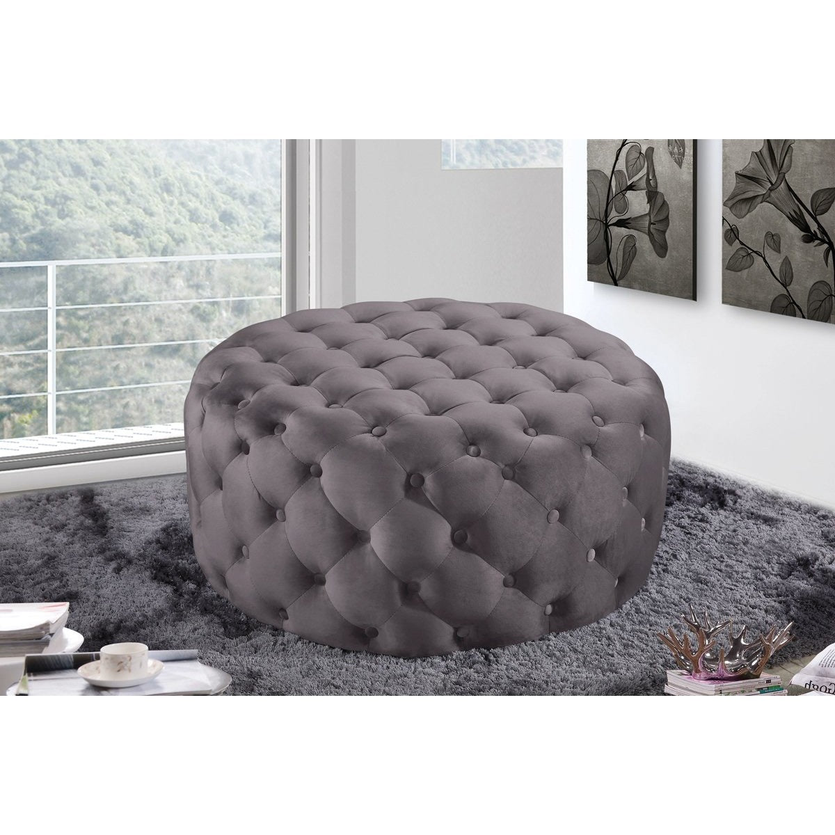 Meridian Furniture Addison Grey Velvet Ottoman/Bench-Minimal & Modern