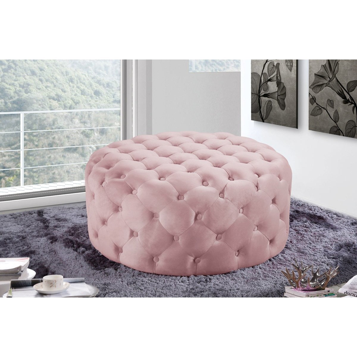 Meridian Furniture Addison Pink Velvet Ottoman/Bench-Minimal & Modern
