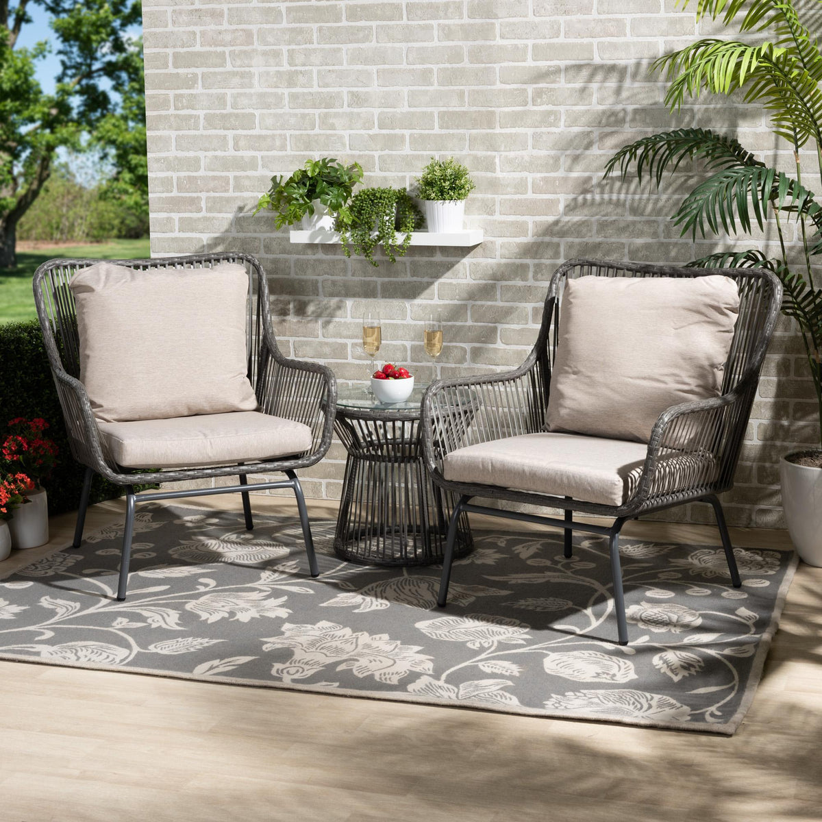 Baxton Studio Dermot Modern And Contemporary Beige Fabric And Grey Synthetic Rattan Upholstered 3-Piece Patio Set - FY-0009-Faux Rattan Grey-3PC Set
