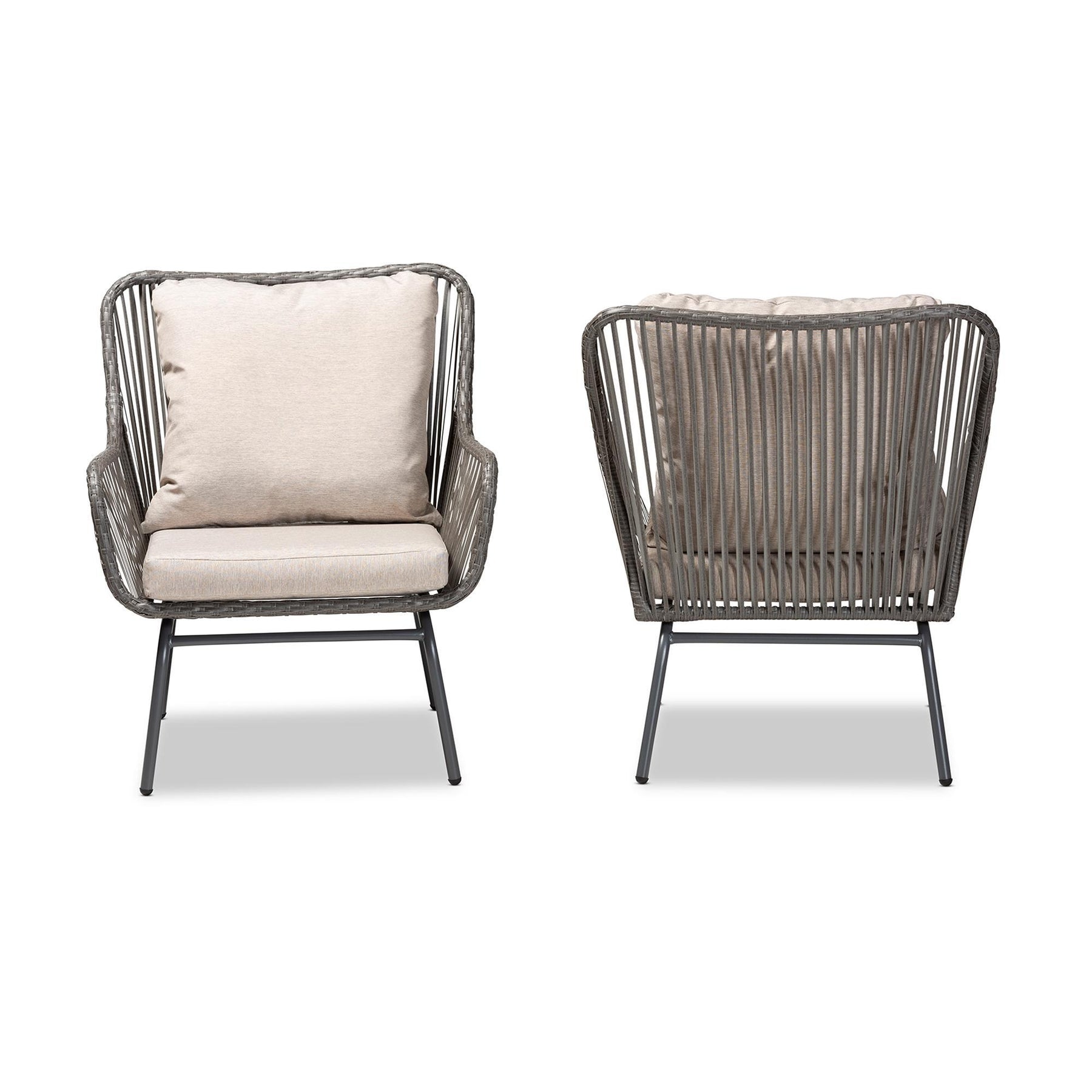 Baxton Studio Dermot Modern And Contemporary Beige Fabric And Grey Synthetic Rattan Upholstered 2-Piece Patio Chair Set - FY-0009-Faux Rattan Grey-Chair
