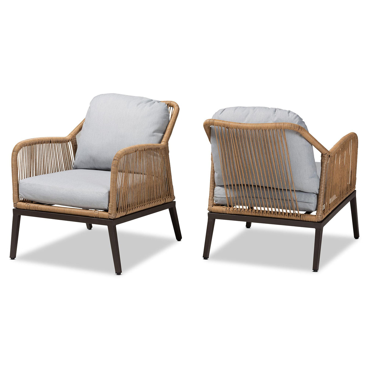 Baxton Studio Endecott Modern And Contemporary Grey Fabric Upholstered And Brown Synthetic Rattan 2-Piece Patio Chair Set - FY-0008-Faux Rattan Tan-Chair