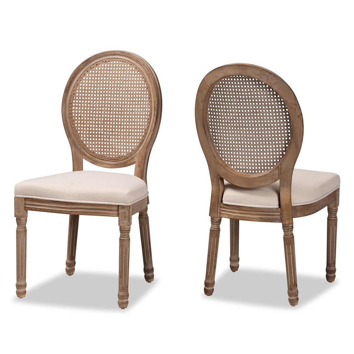Baxton Studio Louis Traditional French Inspired Beige Fabric Upholstered And Antique Brown Finished Wood 2-Piece Dining Chair Set With Rattan - W-LOUIS-O-05-Antique/Rattan-Chair