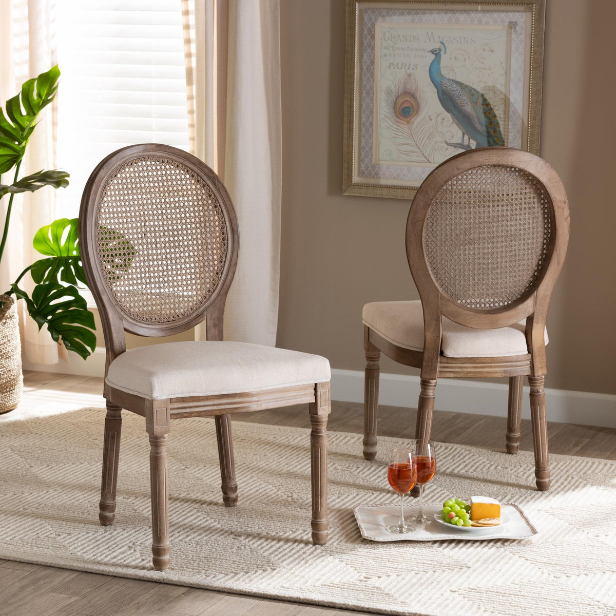 Baxton Studio Louis Traditional French Inspired Beige Fabric Upholstered And Antique Brown Finished Wood 2-Piece Dining Chair Set With Rattan - W-LOUIS-O-05-Antique/Rattan-Chair