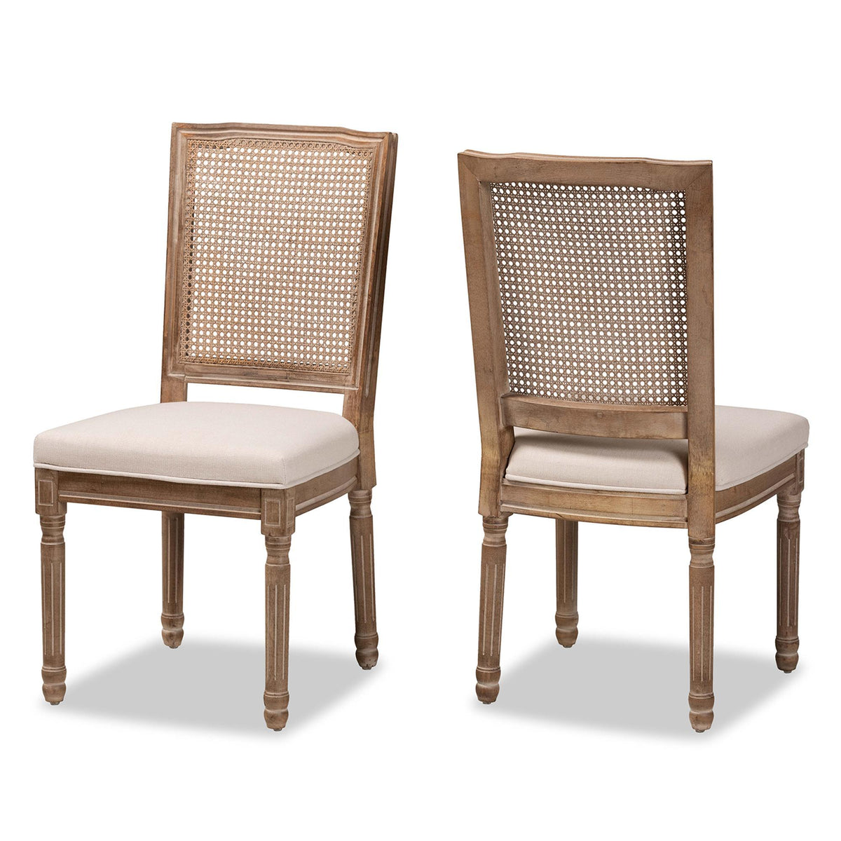 Baxton Studio Louane Traditional French Inspired Beige Fabric Upholstered And Antique Brown Finished Wood 2-Piece Dining Chair Set With Rattan - W-LOUIS-R-06-Antique/Rattan-Chair