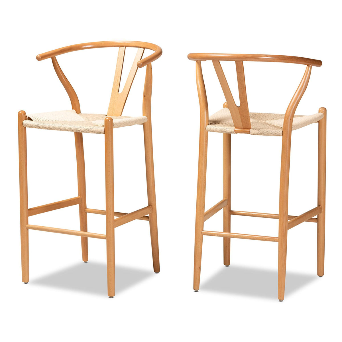 Baxton Studio Paxton Modern And Contemporary Natural Brown Finished Wood 2-Piece Bar Stool Set - Y-BAR-N-Natural/Rope-Wishbone-Stool