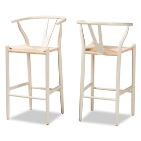 Baxton Studio Paxton Modern And Contemporary White Finished Wood 2-Piece Bar Stool Set - Y-BAR-W-White/Rope-Wishbone-Stool