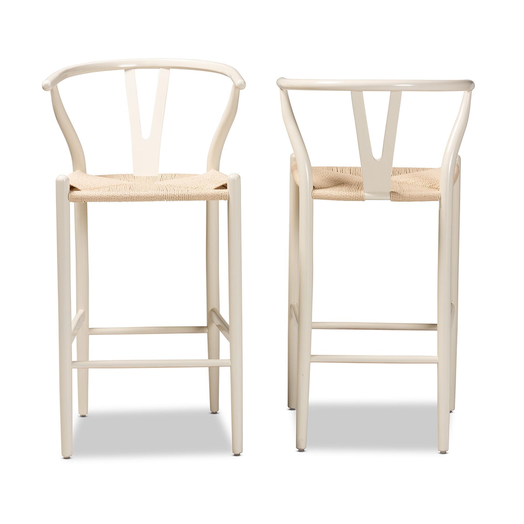 Baxton Studio Paxton Modern And Contemporary White Finished Wood 2-Piece Bar Stool Set - Y-BAR-W-White/Rope-Wishbone-Stool