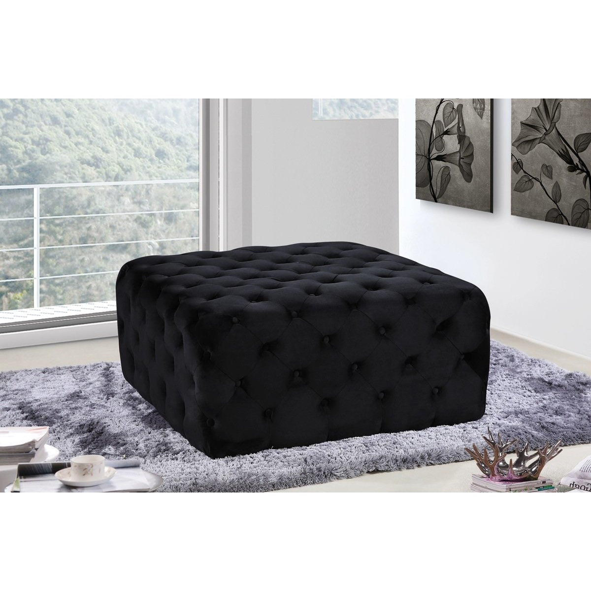 Meridian Furniture Ariel Black Velvet Ottoman/Bench-Minimal & Modern