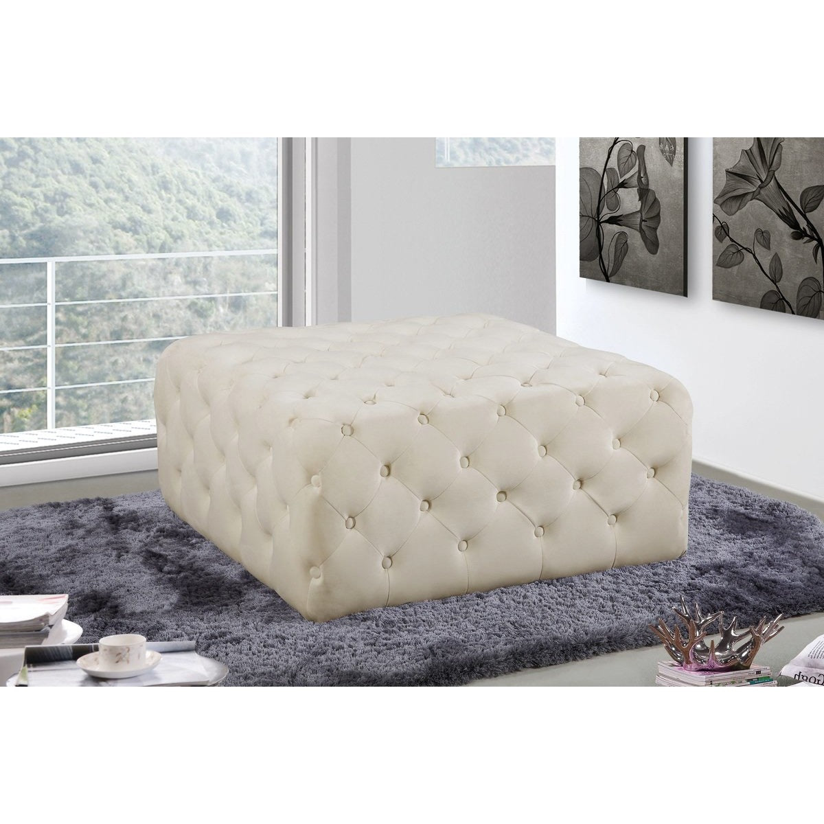 Meridian Furniture Ariel Cream Velvet Ottoman/Bench-Minimal & Modern