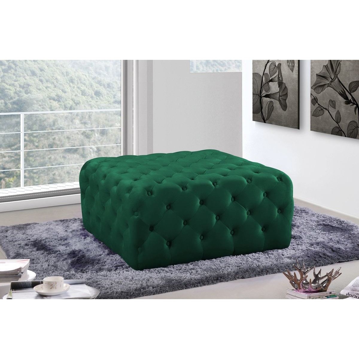 Meridian Furniture Ariel Green Velvet Ottoman/Bench-Minimal & Modern