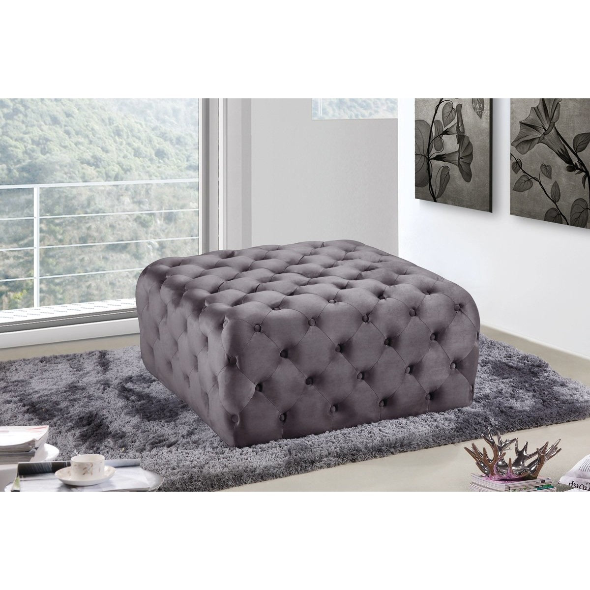 Meridian Furniture Ariel Grey Velvet Ottoman/Bench-Minimal & Modern